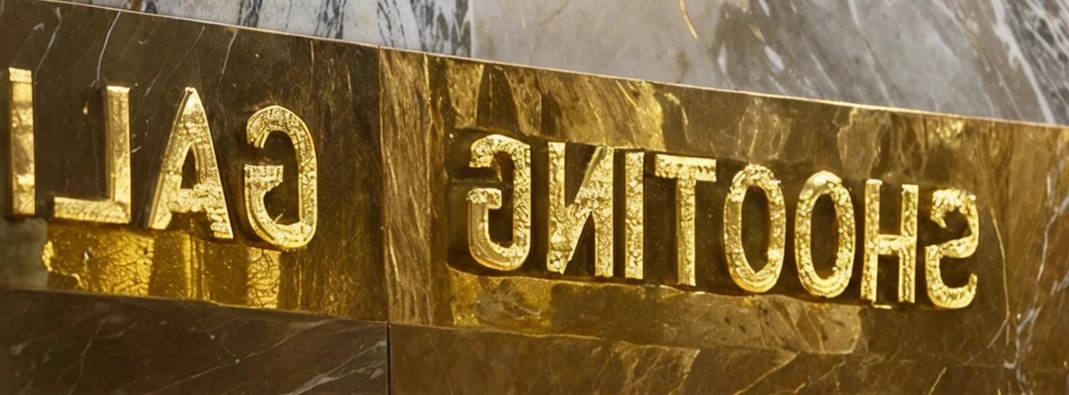 a close up of a sign that says SHOOTING GALI on a marble wall, gilding, 4k detail, 4 k detail, gilt metal, gold inlay, gilded relief, inlaid with gold, on a reflective gold plate, engraved, etched relief, 8k ultra detail, 8 k detail, 8k detail, intricate 8 k detail, engraving, gold metal