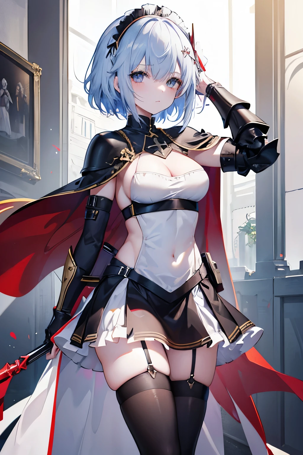 1girl, knights templar, anime maid, epic, (knights templar light armor), templar semi-armor, maid mini skirt, armor straps, tactical templar light semi-armor,shield, sword, knight templar,1girl, arrow_\(fire_Force\), blue_eyes, dinamyc_hair, short_hair, hair_clips, templar_knight_robes, cape, red_cross_on_chest, pelvic_curtain, black_sleeves, gold_armour, (bikini armor), (maid clothes), templar armor, tactical straps