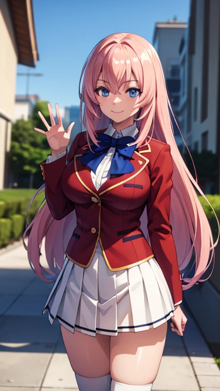 (masterpiece:1.3), (best quality:1.1), (8k, ultra detailed, ultra high res:1.2), ((anime style)), perfect 5 fingers, perfect anatomy,
1girl,
Ichinose honami \(youjitsu\),
long hair,
pink hair,
blue eyes, round eyes, tareme,
blue bow,
large breasts,
red jacket, long sleeves, white skirt, pleated skirt, black calf socks,
looking at viewer,
cowboy shot, (waving:1.1),
(smile:1.1),
BREAK standing, perfect light, (detailed background:1.1), outside, outdoors, public,
