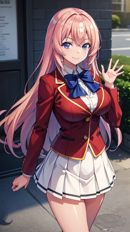 (masterpiece:1.3), (best quality:1.1), (8k, ultra detailed, ultra high res:1.2), ((anime style)), perfect 5 fingers, perfect anatomy, 
1girl,
Ichinose honami \(youjitsu\),
long hair, 
pink hair, 
blue eyes, round eyes, tareme, 
blue bow, 
large breasts, 
red jacket, long sleeves, white skirt, pleated skirt, black calf socks, 
looking at viewer, 
cowboy shot, (waving:1.1),
(smile:1.1), 
BREAK standing, perfect light, (detailed background:1.1), outside, outdoors, public,  