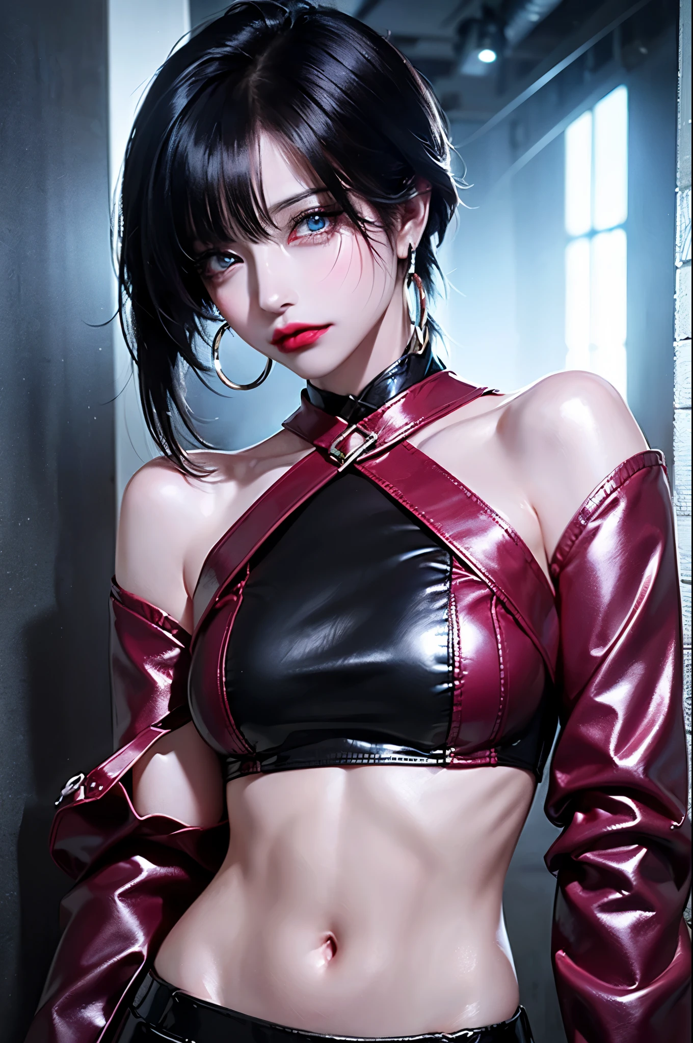 hair above one eye, red eyes, clear eyes, choker, open jacket, towards the wall,shining grafiti, shineing tattoos, shine, neon light, Black light,anime style, movie portrait photography, 1 female, 22 years ago, Full body Esbian,Blue eyes background, big and full breasts, Anger, (scarlet colored hair), long hair, purple eyes, wearing a short black dress, (natural skin texture vivid details, surreal, (realistic detailed eyes, natural skin texture, realistic facial details), soft and dramatic lighting, Depth of written boundary, bokeh, vivid details, surreal, 35mm movie, hazy blur, movie,lipstick, ear piercing, eye shadow, hoop earrings, Red-pink lips, Multicolored red eyes, purple theme,Wear an iridescent aura,beautiful eyes,stand in front of the red gate、bold pose、decide on a pose,upper ponytail,Hanging bangs,sit