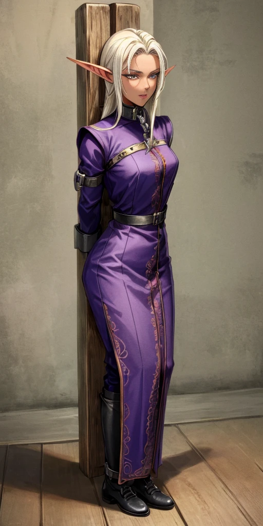 (Masterpiece, best quality, intricate details, 1sologirl) iron collar, arms behind back, iron cuffs, shackles, bound ((standing by wooden pole:1.2)) looking from above happy closed mouth ((Pirotes Dark elf skin))