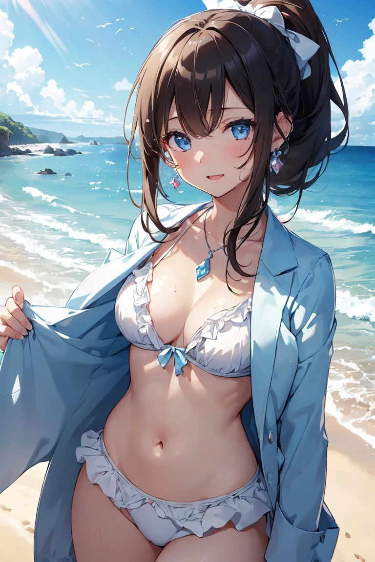 top-quality、​masterpiece、(1 adult female:1.3)、(Soft bust:1.2)、natural(large boob)、Chest thrusting pose、slender、(Thin and simple white lace bikini swimsuit:1.2)、Brown hair、(Hair is tied back)、(Hair fluttering in the wind:1.3)、Eyes with azure eyes、(White highlights in the pupils)、(Look at viewers:1.2)、de pele branca、red blush、A slight smil、(Blue summer sky:1.3)、1 contrail、(Avoid the background around the upper body:1.3)、(Blur the background a lot to make the woman stand out:1.3)、(Beautiful background by the pool on the beach:1.3)、(Beautiful summer flowers)