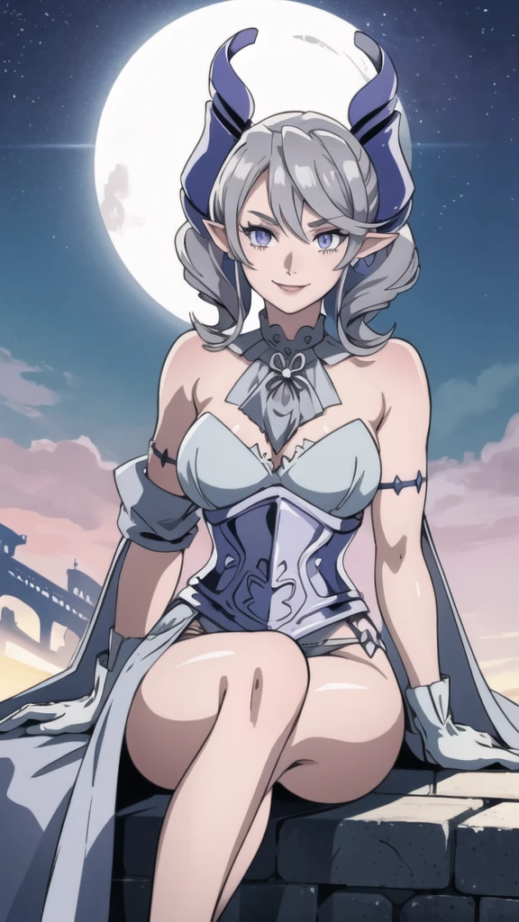 Beautiful arts wallpaper Sunset Outside castle top  High level image quality　best image quality　8K　 adult woman   silver castle outside  more colors   whole body view　portrait　 bikini blue   　horn    ears  　short hair（（shortcut）（gray hair）（perm）（fluffy））　eye color is blue ,  , 　attractive evil face , smile   ,  heroic stance   ,  labrynth ,  barearm  ,gloves   , wearing pink   , sitting , 