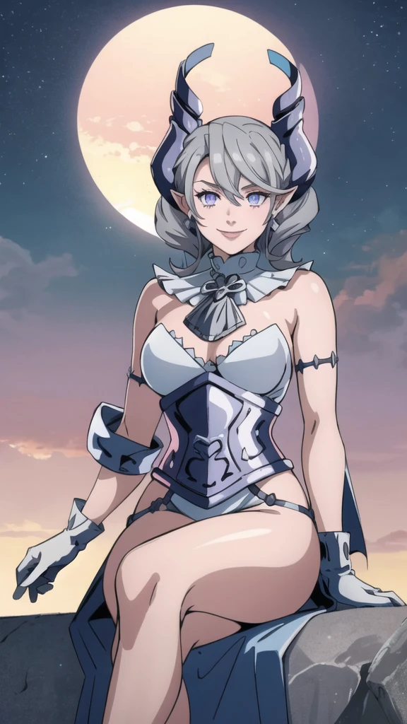 Beautiful arts wallpaper Sunset Outside castle top High level image quality best image quality 8K adult woman silver castle outside more colors whole body view portrait bikini blue horn ears short hair((shortcut)(gray hair)(perm)(fluffy)) eye color is blue , , attractive evil face , smile , heroic stance , labrynth , barearm ,gloves , wearing pink , sitting ,