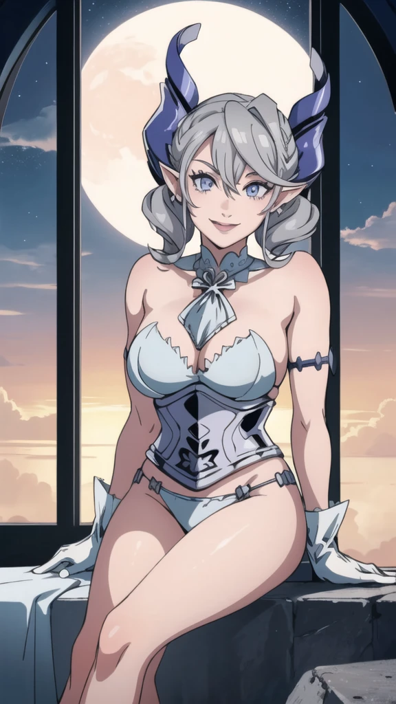 Beautiful arts wallpaper Sunset Outside castle top High level image quality best image quality 8K adult woman silver castle outside more colors whole body view portrait bikini blue horn ears short hair((shortcut)(gray hair)(perm)(fluffy)) eye color is blue , , attractive evil face , smile , heroic stance , labrynth , barearm ,gloves , wearing pink , sitting ,