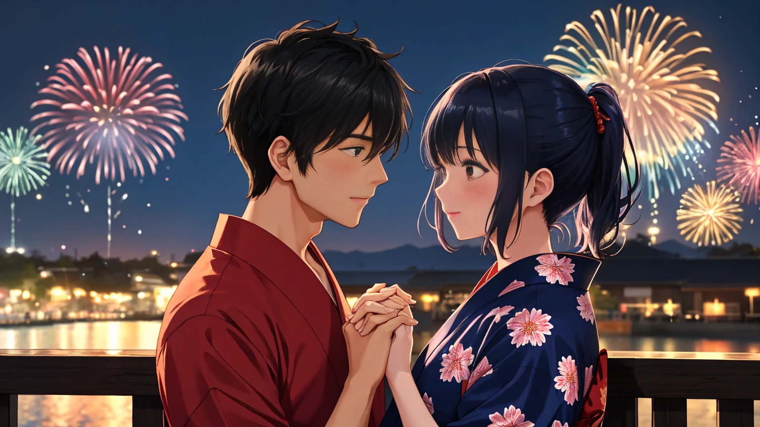 A man and woman holding hands, blushing, looking at each other and setting off colorful fireworks、The light from the fireworks makes it look fantastic. The man is tall and handsome, with short black hair, and is wearing a navy blue jinbei.、The woman is short and cute, with medium-long navy blue hair, and is wearing a red yukata with a floral pattern.