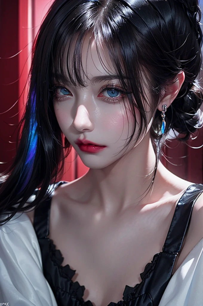 hair above one eye, red eyes, clear eyes, choker, open jacket, towards the wall,shining grafiti, shineing tattoos, shine, neon light, Black light,anime style, movie portrait photography, 1 female, 22 years ago, Full body Esbian,Blue eyes background, big and full breasts, Anger, (scarlet colored hair), long hair, purple eyes, wearing a short black dress, (natural skin texture vivid details, surreal, (realistic detailed eyes, natural skin texture, realistic facial details), soft and dramatic lighting, Depth of written boundary, bokeh, vivid details, surreal, 35mm movie, hazy blur, movie,lipstick, ear piercing, eye shadow, hoop earrings, Red-pink lips, Multicolored red eyes, purple theme,Wear an iridescent aura,beautiful eyes,stand in front of the red gate、bold pose、decide on a pose,upper ponytail,Hanging bangs,sit