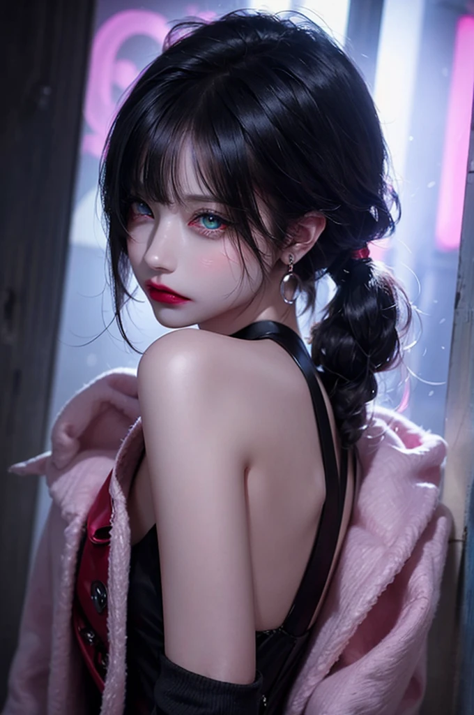 hair above one eye, red eyes, clear eyes, choker, open jacket, towards the wall,shining grafiti, shineing tattoos, shine, neon light, Black light,anime style, movie portrait photography, 1 female, 22 years ago, Full body Esbian,Blue eyes background, big and full breasts, Anger, (scarlet colored hair), long hair, purple eyes, wearing a short black dress, (natural skin texture vivid details, surreal, (realistic detailed eyes, natural skin texture, realistic facial details), soft and dramatic lighting, Depth of written boundary, bokeh, vivid details, surreal, 35mm movie, hazy blur, movie,lipstick, ear piercing, eye shadow, hoop earrings, Red-pink lips, Multicolored red eyes, purple theme,Wear an iridescent aura,beautiful eyes,stand in front of the red gate、bold pose、decide on a pose,upper ponytail,Hanging bangs,sit