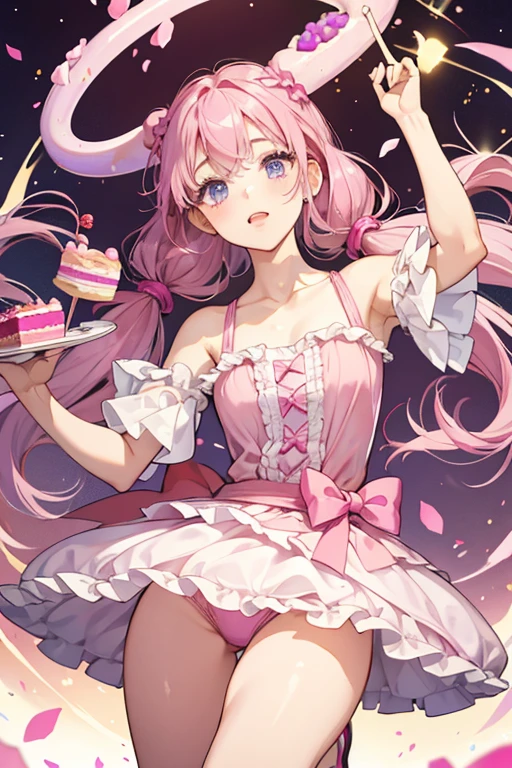 Cake Dunk 'n' Crumble is a fair skinned girl with pale pink cheeks and normal black eye buttons. She has long magenta hair with straight cut bangs with a few curling towards her forehead. Her hair is about chest length and worn in low braided pigtails held with pink bows. Cake wears a dark pink-purple dress that resembles icing going over the sides with white sprinkles all over it. Her bottoms are short and resemble a doughnut. She wears fuchsia pink ballet flats. SPARKLE; GLITTER;