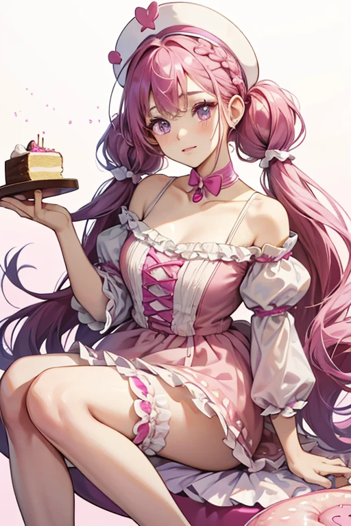 Cake Dunk 'n' Crumble is a fair skinned girl with pale pink cheeks and normal black eye buttons. She has long magenta hair with straight cut bangs with a few curling towards her forehead. Her hair is about chest length and worn in low braided pigtails held with pink bows. Cake wears a dark pink-purple dress that resembles icing going over the sides with white sprinkles all over it. Her bottoms are short and resemble a doughnut. She wears fuchsia pink ballet flats. SPARKLE; GLITTER;