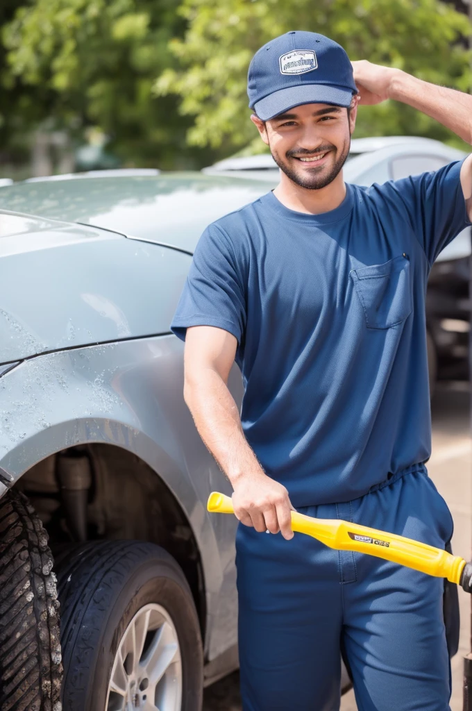 ((best quality)), ((masterpiece)), (detailed), ((1man)) facing the camera ,wearing cap, washing car ,(worker outfit)) , using water karcher , smirk , ((look under))
