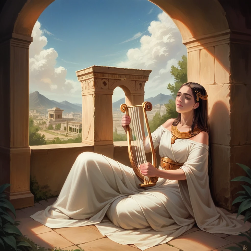 (best quality,ultra-detailed,realistic:1.37), humor, comic style, bold lines,a young priestess, sitting, she places a harp larger than herself in front of him and plays it, playing a large lyre, ancient Greek temple, late at night, inside the temple it is (dark:1.3) and there is (no lighting:1.2), the moonlight shines in at an angle, shining a faint light on her., highly detailed, photorealistic, realistic lighting, intricate architecture, ornate decorations, cool color palette, golden accents, soft fabric textures, mesmerizing expression, elegant pose, cinematic composition, natural lighting, realistic shadows, mystical atmosphere, hyperrealistic, award-winning art