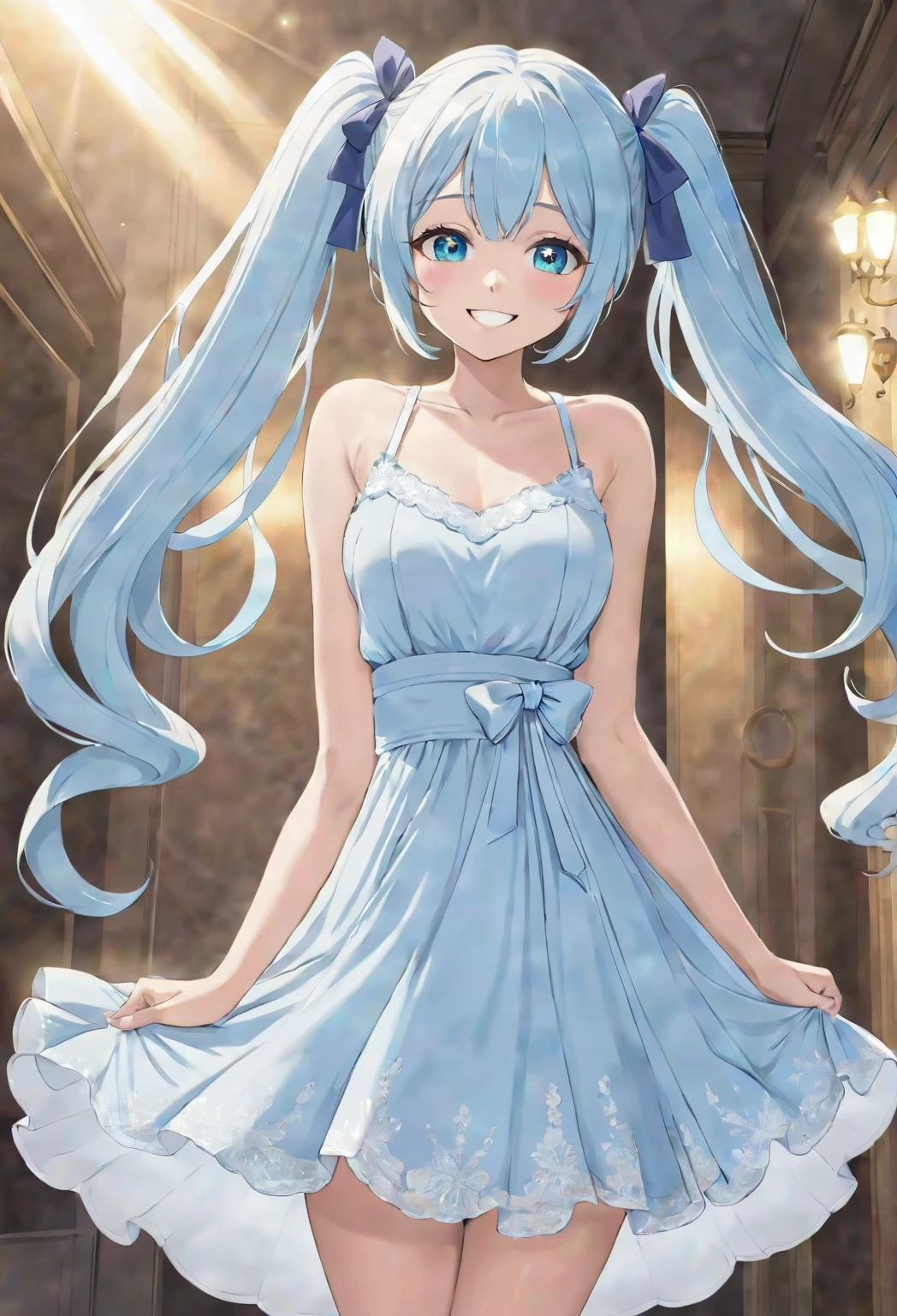 A shining ring placed in the center、Beautiful girl looking at the ring、Great smile、Bright smile、White half dress、Light blue long dress、Beautiful girl with twin tails