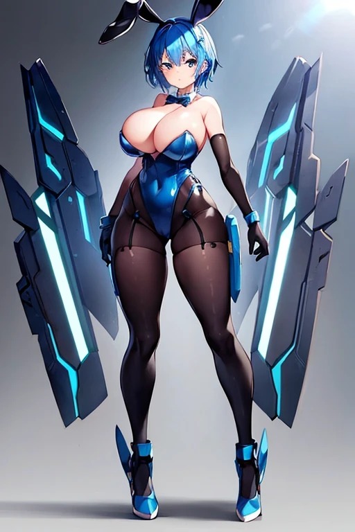 1girl, blue hair, large breasts, bunny ears, rabbit ears, wide hips, bodysuit, black bodysuit, short hair, very short hair, science-fiction, tech, futuristic, machinery, full body, ((full body)),