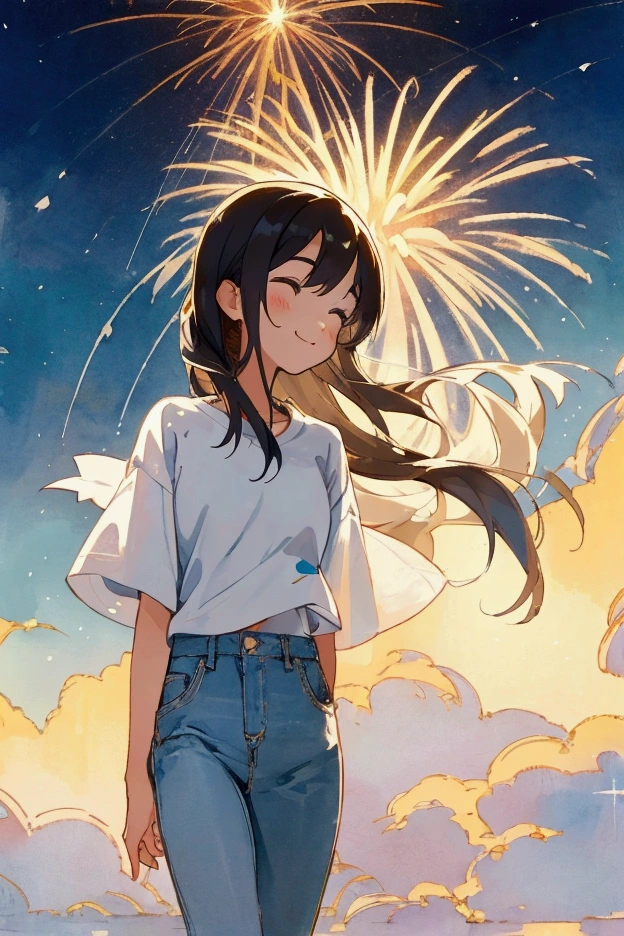Pixar movie style, 最high quality, Still image, very cute, ,very happy,Attention to detail, high quality, masterpiece, Accurate, Super detailed,Ultra-precision illustration, High resolution, Ultra-precision illustration, High resolution, Beautiful details, 8K, high quality, Japanese summer night fireworks festival, Colorful illustration of a high school student in a white t-shirt and jeans , High school girl wearing yukata. First Date, Two people.The illustrations are delicate and carefully drawn., Beautiful summer, Background watercolor, Artistic and contemporary illustrations, Delicate and elegant watercolors and rich colors.