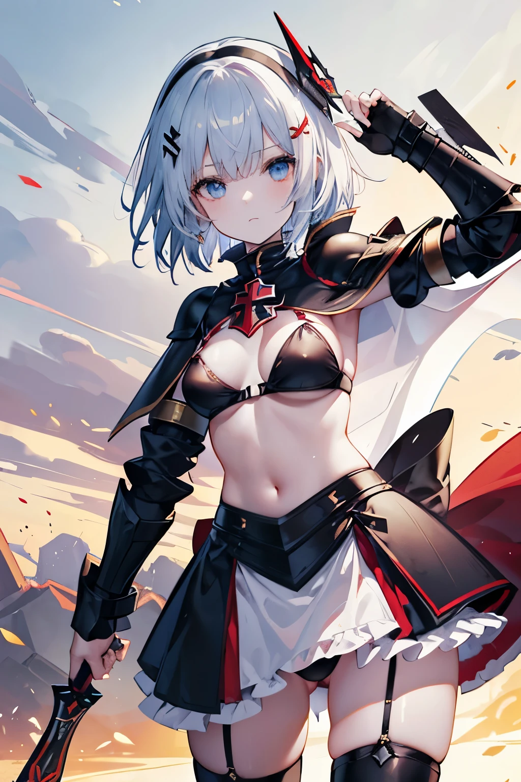 1girl, knights templar, anime maid, epic, (knights templar light armor), templar semi-armor, maid mini skirt, armor straps, tactical templar light semi-armor,shield, sword, knight templar,1girl, arrow_\(fire_Force\), blue_eyes, dinamyc_hair, short_hair, hair_clips, templar_knight, cape, red_cross_on_chest, pelvic_curtain, black_sleeves, gold_armour, (bikini armor), (maid clothes), templar armor, tactical straps