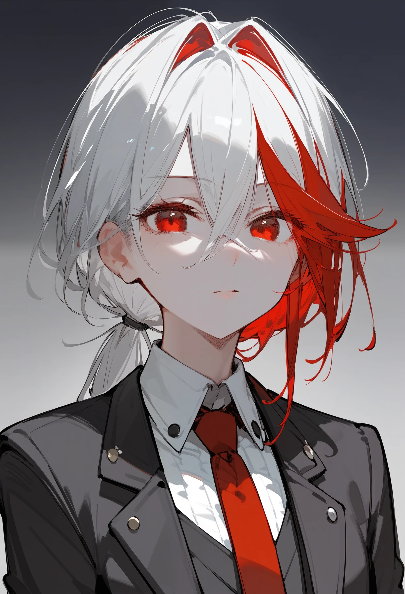 (score_9, score_8_up, score_7_up), 1girl, (sketch), (Gray skin), red eyes, white hair, inner red hair, low ponytail, eyes visible through hair, butler suit, black vest, red necktie, portrait, 