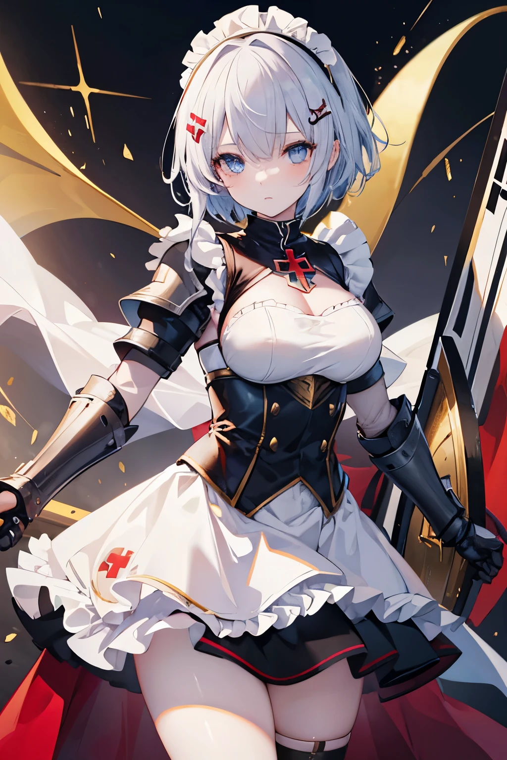 1girl, knights templar, anime maid, epic, (knights templar light armor), templar semi-armor, maid mini skirt, armor straps, tactical templar light semi-armor,shield, sword, knight templar,1girl, arrow_\(fire_Force\), blue_eyes, dinamyc_hair, short_hair, hair_clips, templar_knight, cape, red_cross_on_chest, pelvic_curtain, black_sleeves, gold_armour, (bikini armor), (maid clothes), templar armor, tactical straps