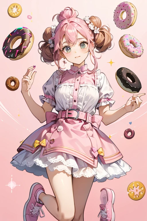 two high buns on her head. Her hair has a twisty texture to it and a pink and brown doughnut bow is on the right side of her head. She still wears a doughnut dress, but it's slightly pinker in color and she now has a pale pink belt on her waist. Her top has two yellow buttons on the front and a wavy white collar. Her shoes are now pale pink sneakers with darker pink laces. SPARKLE; GLITTER;