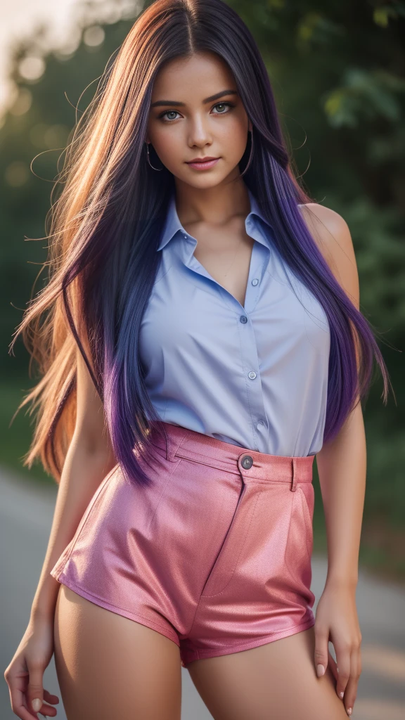 Beautiful realistic girl with blue long hair... ,..... ,Close-up of clean skin with detail ,full length,in short red and black mini shorts and a pink blouse,on a purple background,high quality 8k, high quality с высоким разрешением, Rich colors, Soft light, Super detailed photos. high quality, 8k Ultra HD, High Definition, Noise suppression, яркие Rich colors.. high quality, 8k Ultra HD, High Definition,