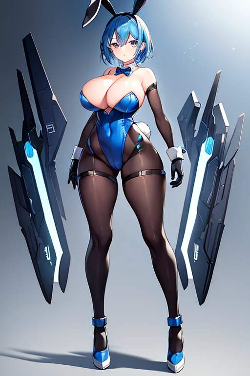 1girl, blue hair, large breasts, bunny ears, rabbit ears, wide hips, bodysuit, black bodysuit, short hair, very short hair, science-fiction, tech, futuristic, machinery, full body, ((full body)),