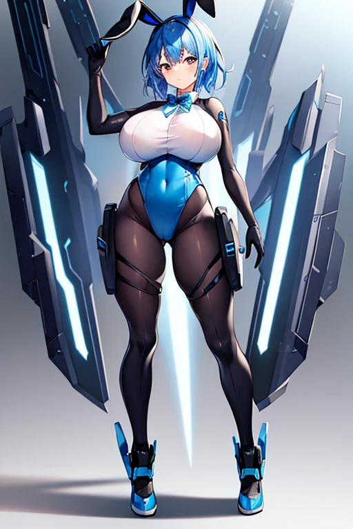 1girl, blue hair, large breasts, bunny ears, rabbit ears, wide hips, bodysuit, black bodysuit, short hair, very short hair, science-fiction, tech, futuristic, machinery, full body, ((full body)),