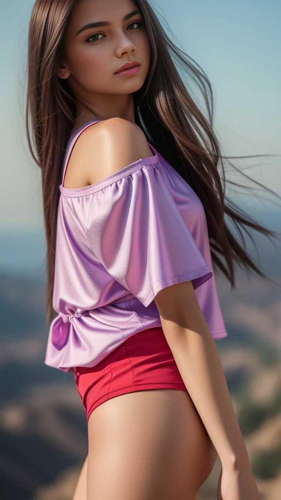 Beautiful realistic girl with blue long hair... ,..... ,Close-up of clean skin with detail ,full length,in short red and black mini shorts and a pink blouse,on a purple background,high quality 8k, high quality с высоким разрешением, Rich colors, Soft light, Super detailed photos. high quality, 8k Ultra HD, High Definition, Noise suppression, яркие Rich colors.. high quality, 8k Ultra HD, High Definition,