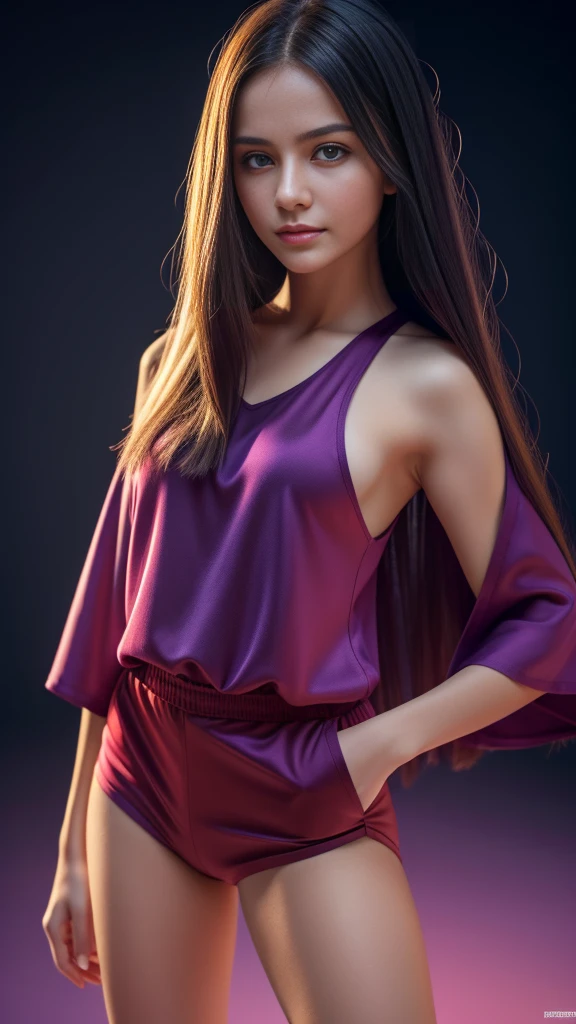 Beautiful realistic girl with blue long hair... ,..... ,Close-up of clean skin with detail ,full length,in short red and black mini shorts and a pink blouse,on a purple background,high quality 8k, high quality с высоким разрешением, Rich colors, Soft light, Super detailed photos. high quality, 8k Ultra HD, High Definition, Noise suppression, яркие Rich colors.. high quality, 8k Ultra HD, High Definition,