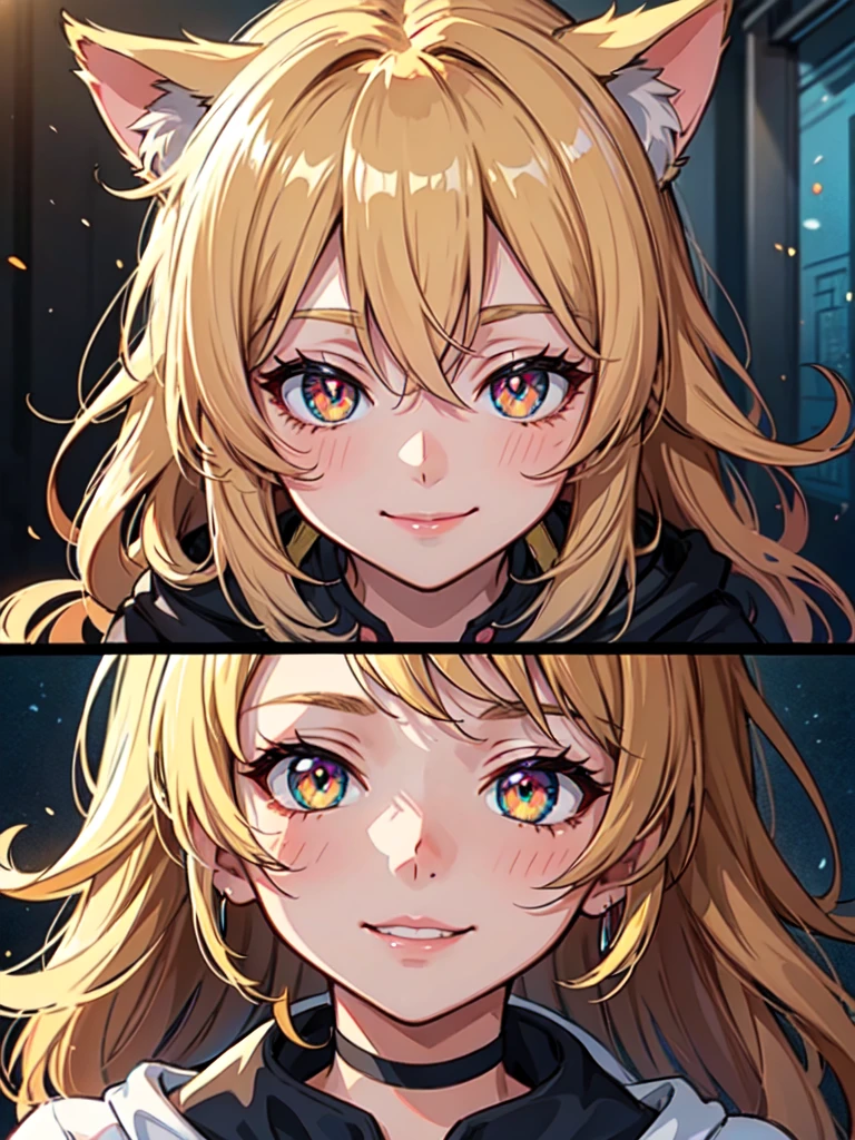 hair over shoulder, wavy hair, hair strand, shiny hair, blonde hair, eye reflection, glowing eyes, slit pupils, amber eyes, cat ears, smile, blush, glint, happy, anime, anime style, En plein air, high detail, cinematic lighting, ray tracing, reflection light, masterpiece, accurate, anatomically correct, super detail, high details, high quality, best quality, highres, 4K