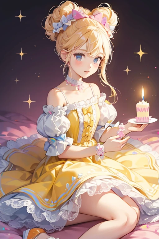 Candle is a fair-skinned girl with black button eyes and pale pink cheeks. She has three vanilla blonde buns atop her head, which look to be made of sprinkles and frosting. She has a large pastel blue bow on the left side of her head, and a small pink birthday cake on the other side.
Candle wears a yellow and pink dress styled after a cake. Her sleeves are each made of white ruffled lace. Near her neck at the top section of the dress are three pink little loops, and below that there is a lining of bright orange material, and even below that is a white ruffled lace lining. The bottom section of her dress is decorated with four small orange circles and yellow loops. On her feet Candle is wearing yellow Mary Janes with large pastel blue bows on them. SPARKLE; GLITTER;