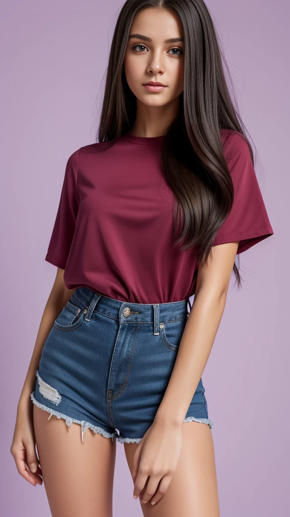Beautiful realistic girl with blue long hair... ,..... ,Close-up of clean skin with detail ,full length,in short red and black mini shorts and a pink blouse,on a purple background,high quality 8k, high quality с высоким разрешением, Rich colors, Soft light, Super detailed photos. high quality, 8k Ultra HD, High Definition, Noise suppression, яркие Rich colors.. high quality, 8k Ultra HD, High Definition,