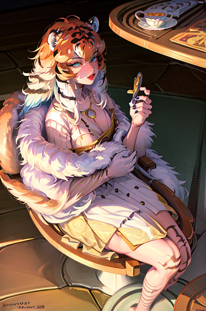 anthropomorphic furry woman, extremely detailed, best quality, photorealistic, hyperrealistic, high resolution, 8k, masterpiece, 3d, digital art, highly detailed facial features, beautiful detailed eyes, beautiful detailed lips, extremely detailed face, long eyelashes, fur textures, intricate fur patterns, chinese traditional clothing, flowing robes, serious expression, solo figure, cinematic lighting, dramatic shadows, vibrant colors, fantasy, surreal, tiger girl, cup of tea, relaxing, cookies, sitting in chair