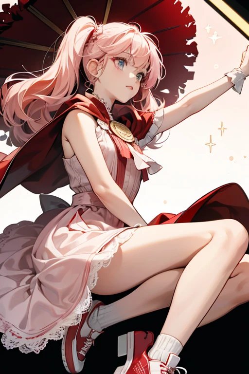 Cape is a brown skinned girl with soft pink cheeks and light pink hair. Her hair, which is covered by her red hood, is tied back into two small pigtails positioned by her cheeks. Her bangs sweep above her eyes and a little curl is on the left side.
She wears a sleeveless red and white checkered dress with two red pockets on the front of her midsection. Wrapped around her dress is a little red capelet with a red hood that goes over her head. Both the cape and dress have a white trim with a lace pattern. Her shoes are red high top sneakers with white soles, laces, and toes. SPARKLE; GLITTER;