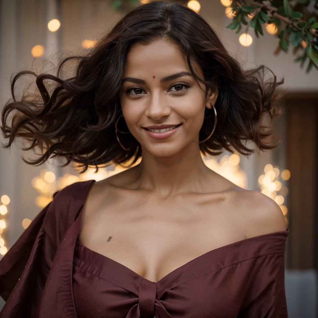 Arafed femme aux longs cheveux noirs souriante tenant un ongle rouge., on dirait un conte de fées de Noël, Femme indienne de 30 ans., belle et souriante, beau visage