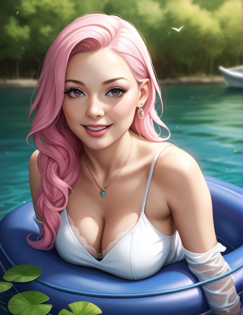 A photorealistic of a 21-year-old mexican girl sexy with long, flowing pink hair and striking dark eyes. She should have a natural, approachable expression and be illuminated by soft, The background should be a scenic outdoor setting, boat. Capture this image with a high-resolution photograph using an 85mm lens for a flattering perspective.