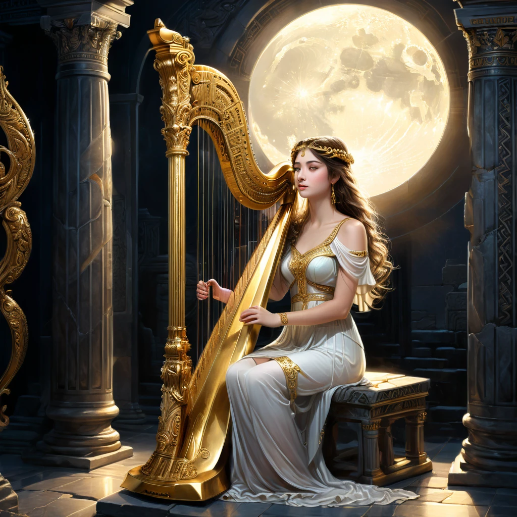 (best quality,ultra-detailed,realistic:1.37), humor, comic style, bold lines,a young priestess, sitting, she places a harp larger than herself in front of him and plays it, playing a large lyre, ancient Greek temple, late at night, inside the temple it is (dark:1.3) and there is (no lighting:1.2), the moonlight shines in at an angle, shining a faint light on her., highly detailed, photorealistic, realistic lighting, intricate architecture, ornate decorations, cool color palette, golden accents, soft fabric textures, mesmerizing expression, elegant pose, cinematic composition, natural lighting, realistic shadows, mystical atmosphere, hyperrealistic, award-winning art