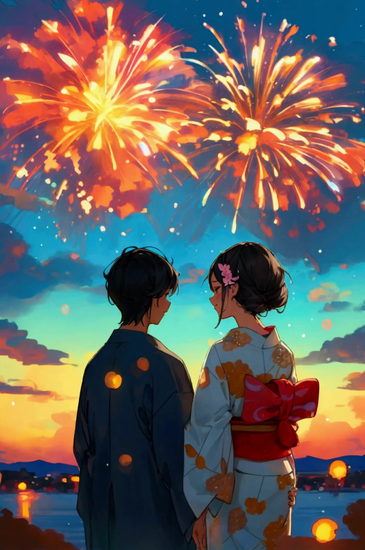 Pixar movie style, 最high quality, Still image, very cute, ,very happy,Attention to detail, high quality, masterpiece, Accurate, Super detailed,Ultra-precision illustration, High resolution, Ultra-precision illustration, High resolution, Beautiful details, 8K, high quality, Japanese summer night fireworks festival, Colorful illustration , Yukata first date, Two men and women、The illustrations are delicate and carefully drawn., Beautiful summer, Background watercolor, Artistic and contemporary illustrations, Delicate and elegant watercolors and rich colors.