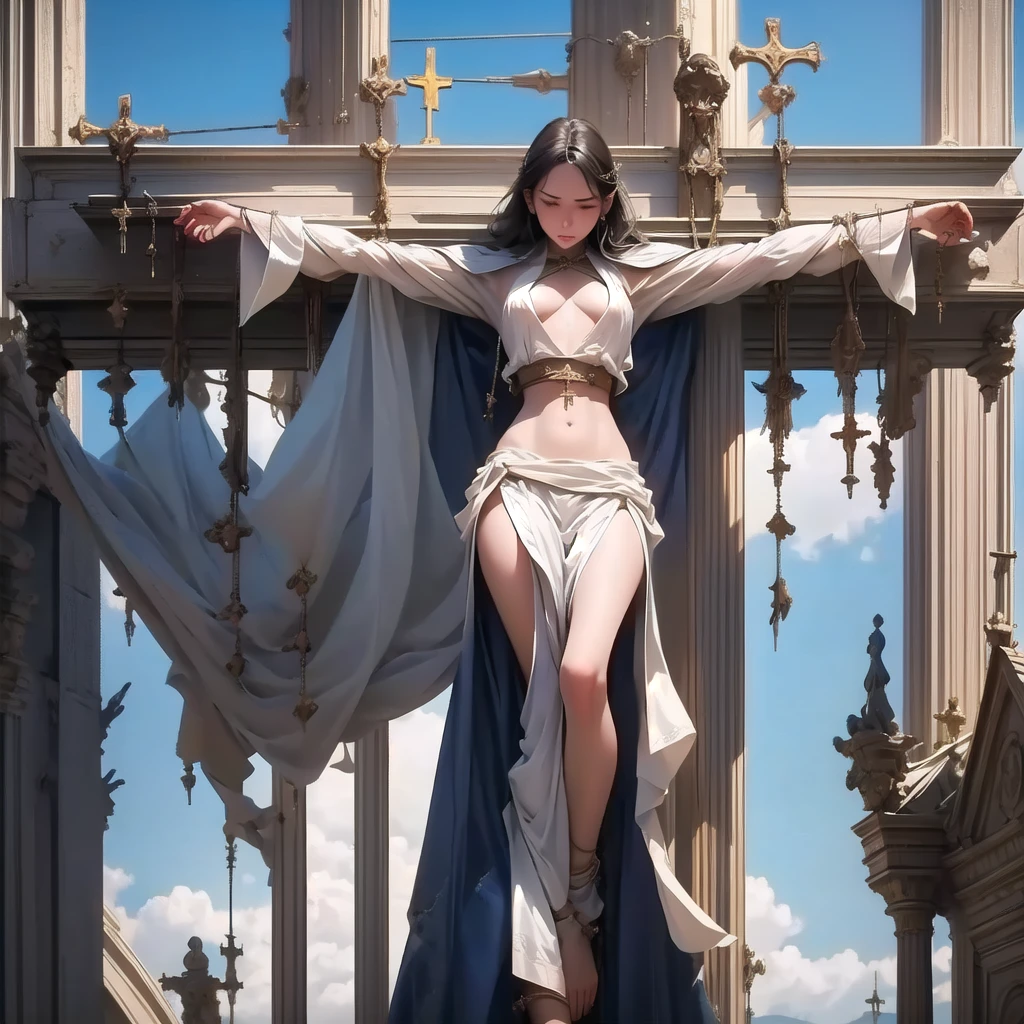 highest quality，masterpiece，8K，(Beautiful woman)，Beautiful woman alone，((crucifixion))，cross，(execution)，incontinence，scared，torture，slave，((Woman made crucifixion by cross：1.5))