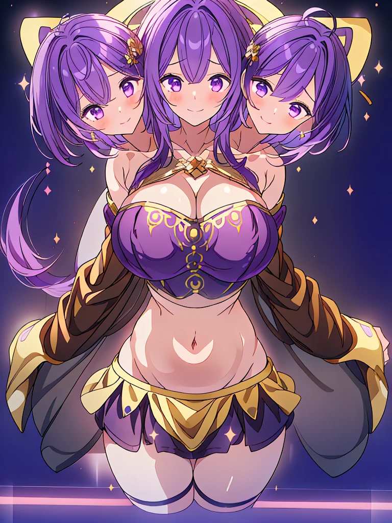 (masterpiece, best quality), best resolution, (3heads:1.5), 1girl, dark violet hair, smiling, soft smile, open belly, black-gold-purple crop top, black miniskirt, open breasts, humongous tits, huge tits, sexy pose, hair length until shoulders, headband, night sky background, nighttime, stars, starry sky, alluring presence, beautiful eyes, detailed eyes, purple eyes,