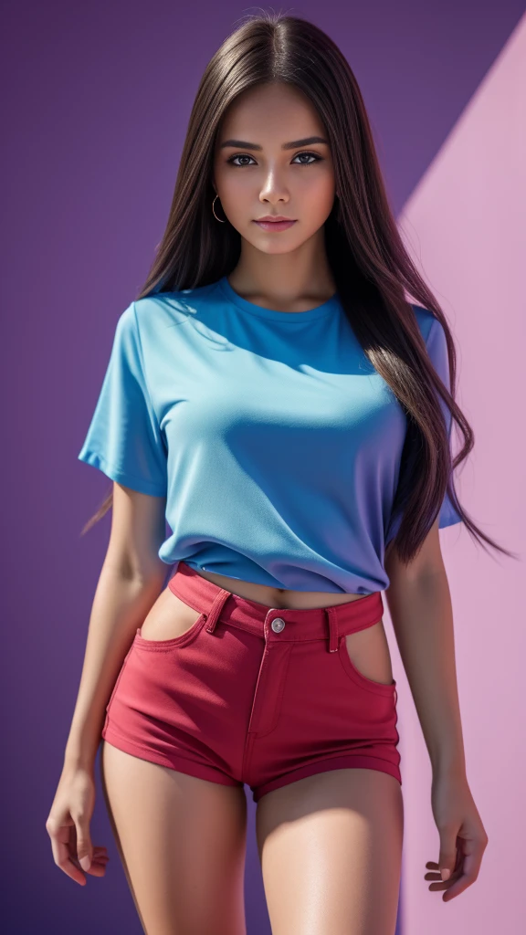 Beautiful realistic girl with blue long hair... ,..... ,Close-up of clean skin with detail ,full length,in short red and black mini shorts and a pink blouse,on a purple background,high quality 8k, high quality с высоким разрешением, Rich colors, Soft light, Super detailed photos. high quality, 8k Ultra HD, High Definition, Noise suppression, яркие Rich colors.. high quality, 8k Ultra HD, High Definition,