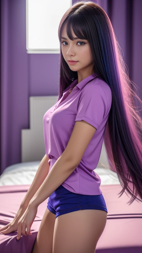 Beautiful realistic girl with blue long hair... ,..... ,Close-up of clean skin with detail ,full length,in short red and black mini shorts and a pink blouse,on a purple background,high quality 8k, high quality с высоким разрешением, Rich colors, Soft light, Super detailed photos. high quality, 8k Ultra HD, High Definition, Noise suppression, яркие Rich colors.. high quality, 8k Ultra HD, High Definition,