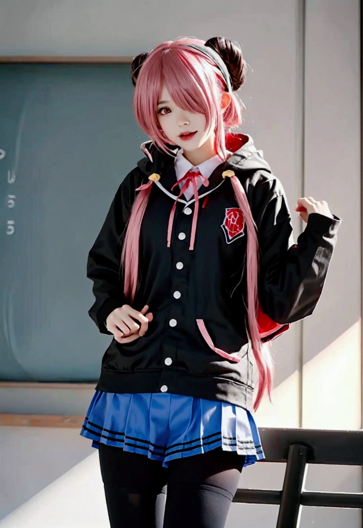 ultra-detailed,highly detailed,best quality,masterpiece,illustration,
The image features a young person with pink hair, wearing a headband with small red horns. They are dressed in a light gray hoodie with black drawstrings and a small red logo on the chest. They are also wearing matching light gray shorts with pink accents and thigh-high black stockings with straps. The individual is wearing a blue face mask with intricate designs. The background shows a yellow vehicle and what appears to be an urban setting.