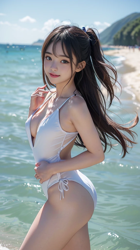 ((Sandy beach with clean sea:1.2, beautiful girl達が水着姿を披露:1.3)), (Petite and slender body line)、(Big beautiful breasts:1.2, Fascinating cleavage:1.3、Beautifully shaped side boob)、Thin thighs、(sexy Charming small beautiful butt:1.2), (Narrow waist), (Detailed eyes and face:1.2, Professional photography techniques)、(Perfect Anatomy)、(Gaze at the viewer、beautiful girl、:1.5、Cute Smile、blush:1.2)、(Highest quality、Highest quality、Masterpiece、Ultra high definition、Reality:1.3)、(Detailed hands:1:1, Anatomically correct hand:1.1、Beautiful little hands of a girl:1.3)、(Dynamic Pose)、(Smooth, straight, beautiful hair、Hair blowing in the wind:1.3)、(Uniquely designed swimsuit:1.3)、Sexy side bangs、Red eyeshadow