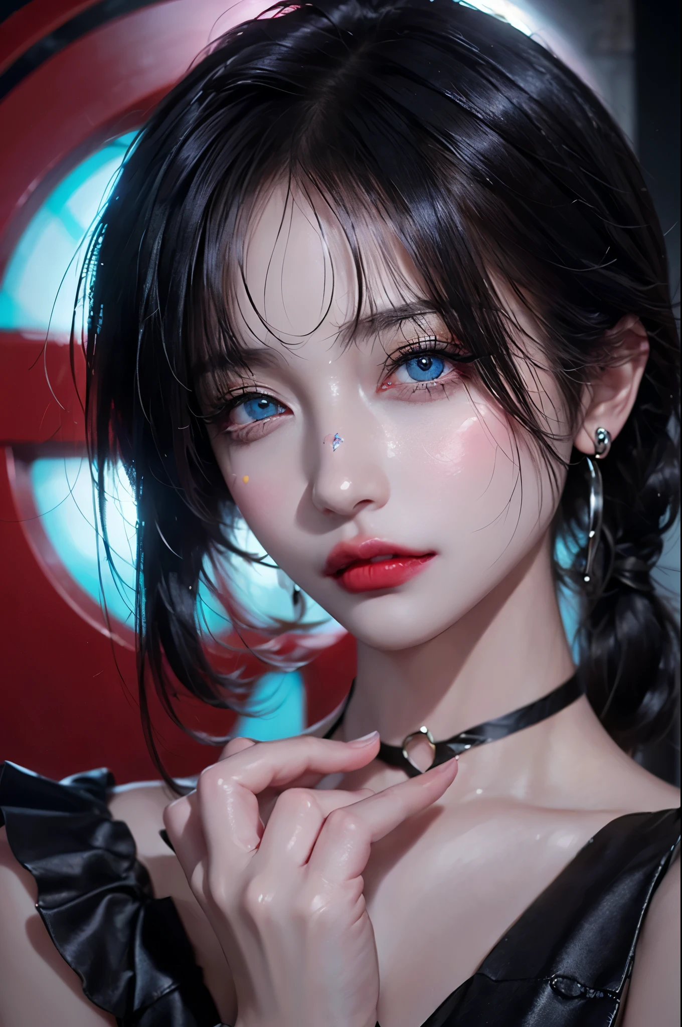 hair above one eye, red eyes, clear eyes, choker, open jacket, towards the wall,shining grafiti, shineing tattoos, shine, neon light, Black light,anime style, movie portrait photography, 1 female, 22 years ago, Full body Esbian,Blue eyes background, big and full breasts, Anger, (scarlet colored hair), long hair, purple eyes, wearing a short black dress, (natural skin texture vivid details, surreal, (realistic detailed eyes, natural skin texture, realistic facial details), soft and dramatic lighting, Depth of written boundary, bokeh, vivid details, surreal, 35mm movie, hazy blur, movie,lipstick, ear piercing, eye shadow, hoop earrings, Red-pink lips, Multicolored red eyes, purple theme,Wear an iridescent aura,beautiful eyes,stand in front of the red gate、bold pose、decide on a pose,upper ponytail,Hanging bangs,sit