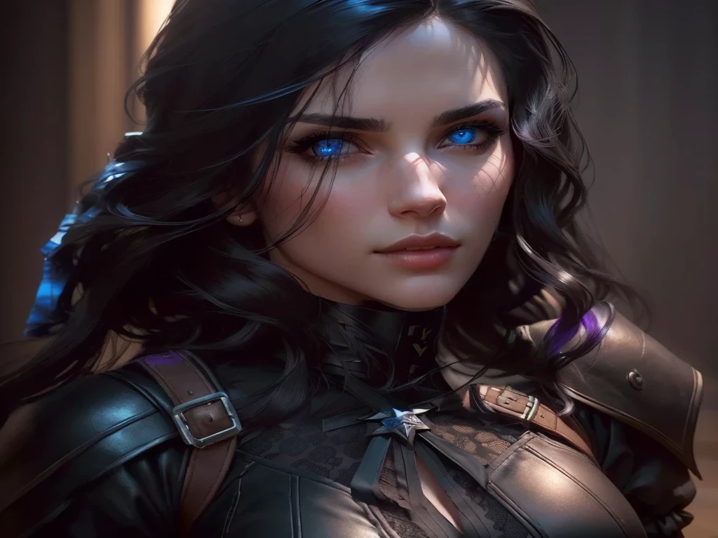 A woman with purple eyes and dark hair. Her gaze is directed towards shipping. She wears a sexy black outfit that shows off her big, sexy breasts and contrasts sharply with her skinny, sexy breasts. The background is minimalist, featuring a dark, smooth surface that further emphasizes the subject. yennefer, Yennefer of Vengerberg, 8k portrait rendering, cinematic bust portrait, 8k 3D rendering character art, cinematic realistic portrait, [4k photorealism], female character, mirabel madrigal rendering, 4k photorealism, 4k photorealism
