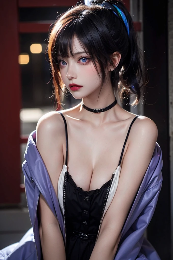 hair above one eye, red eyes, clear eyes, choker, open jacket, towards the wall,shining grafiti, shineing tattoos, shine, neon light, Black light,anime style, movie portrait photography, 1 female, 22 years ago, Full body Esbian,Blue eyes background, big and full breasts, Anger, (scarlet colored hair), long hair, purple eyes, wearing a short black dress, (natural skin texture vivid details, surreal, (realistic detailed eyes, natural skin texture, realistic facial details), soft and dramatic lighting, Depth of written boundary, bokeh, vivid details, surreal, 35mm movie, hazy blur, movie,lipstick, ear piercing, eye shadow, hoop earrings, Red-pink lips, Multicolored red eyes, purple theme,Wear an iridescent aura,beautiful eyes,stand in front of the red gate、bold pose、decide on a pose,upper ponytail,Hanging bangs,sit