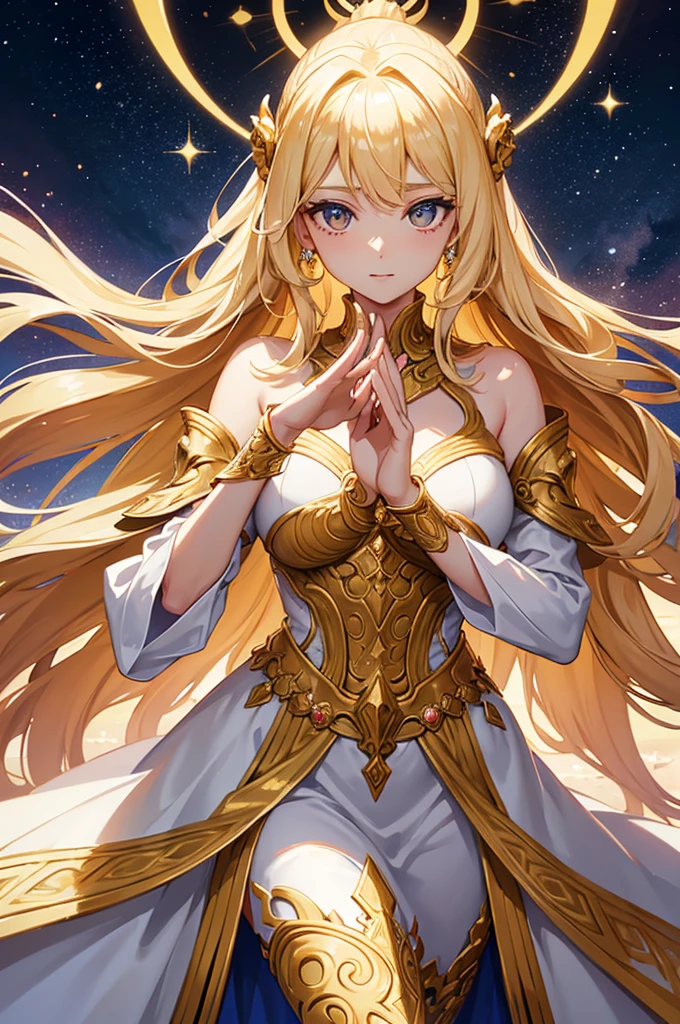 Golden Goddess Freyer, Majestic Goddess of Love and Magic, Her hair is a cascade of stars, Her eyes shine with mysterious power.Her hands shine warm and charmingly.Her presence is a light of hope and joy.Her golden aura is a sparkling aura of love and protection..Perfect face,Proper body proportion,masutepiece,Super high-quality output images,超A high resolution,Intricate details,Very delicate and beautiful hair,photographrealistic,Dreamy,Professional Lighting,realistic shadow,Solo Focus,Beautiful hands,Beautiful fingers,Detailed finger features,detailed clothes features,Detailed hair features,detailed facial features,