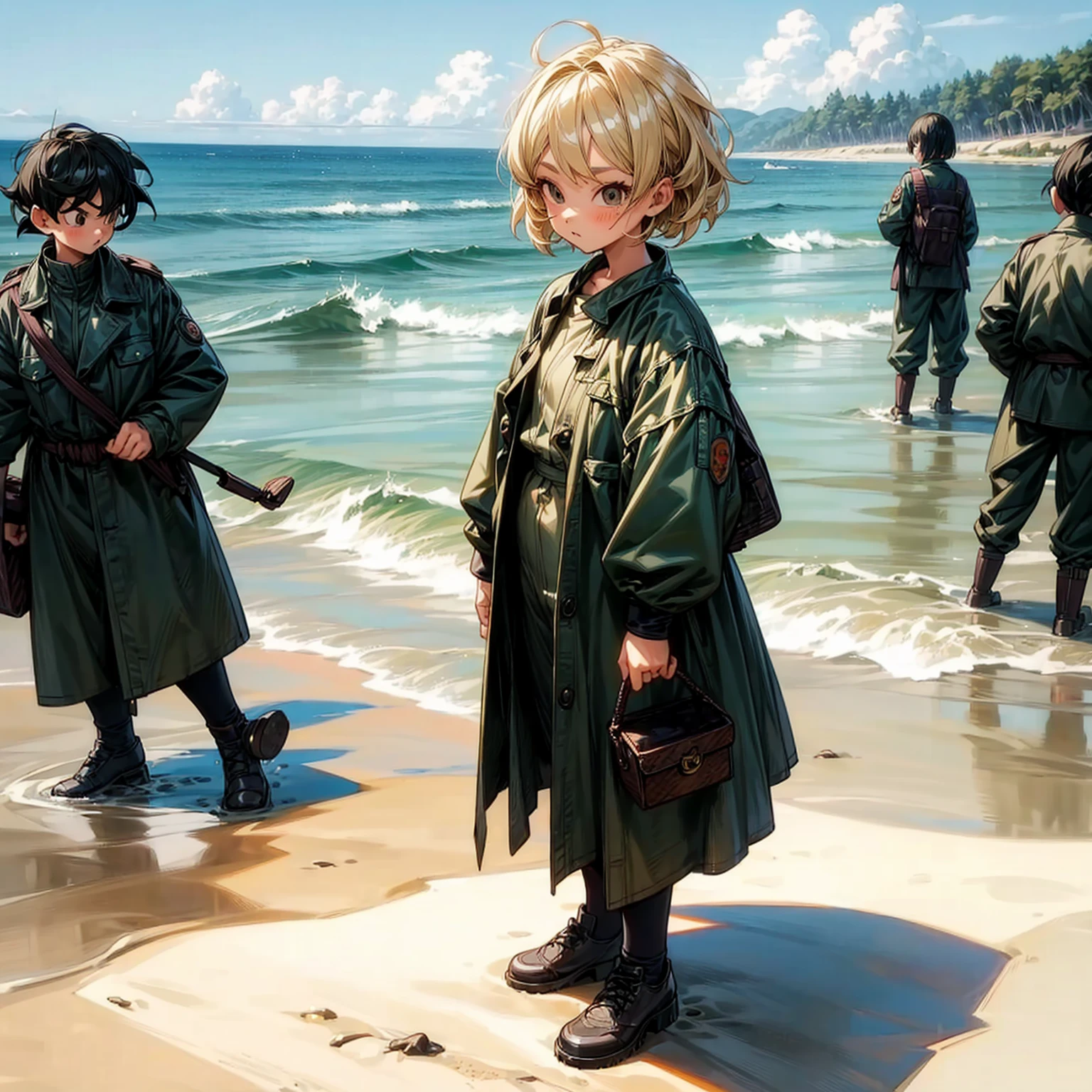1childern girl, Full body version, 1character, children version, black eyes color, bob Curly haircut, blonde colour hair, army style clothing, Grassroots, background in beach, motion blur, (dragon ball style art)