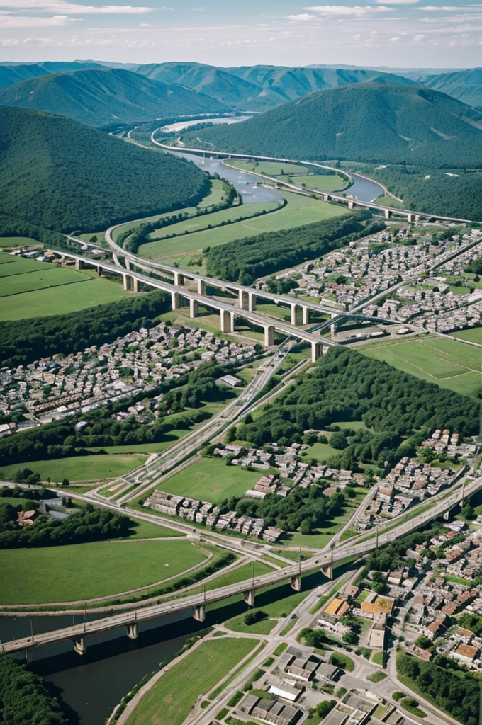 A multitude of buildings scattered across the landscape, some tall and structured, while others are shorter and smaller.
• Rivers, bridges and roads that cross and connect the town.